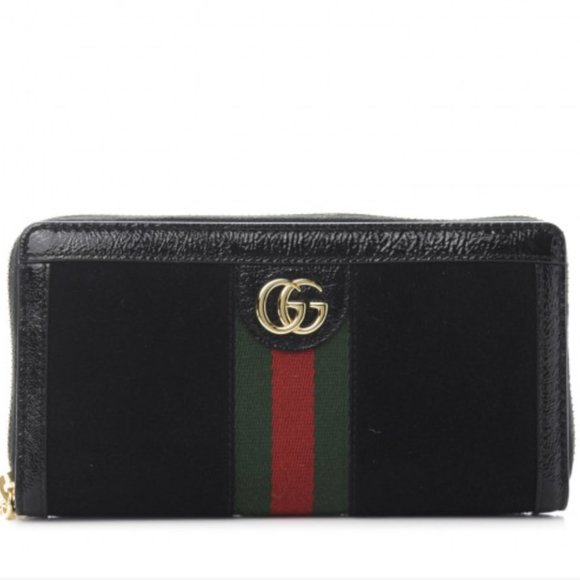 HOST PICK GUCCI Suede Patent GG Web Ophidia Zip Around Wallet in Black New - Picture 1 of 5